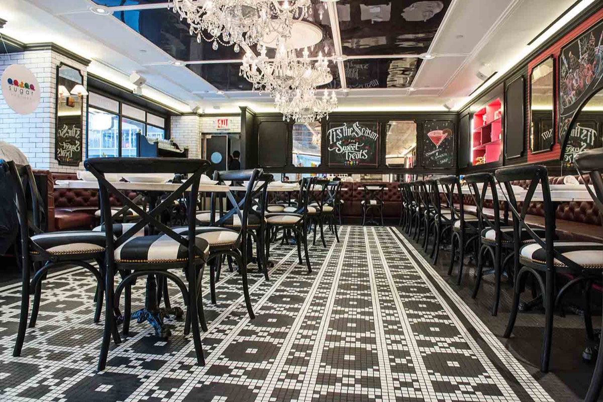 Restaurant interior with custom cultured marble tables